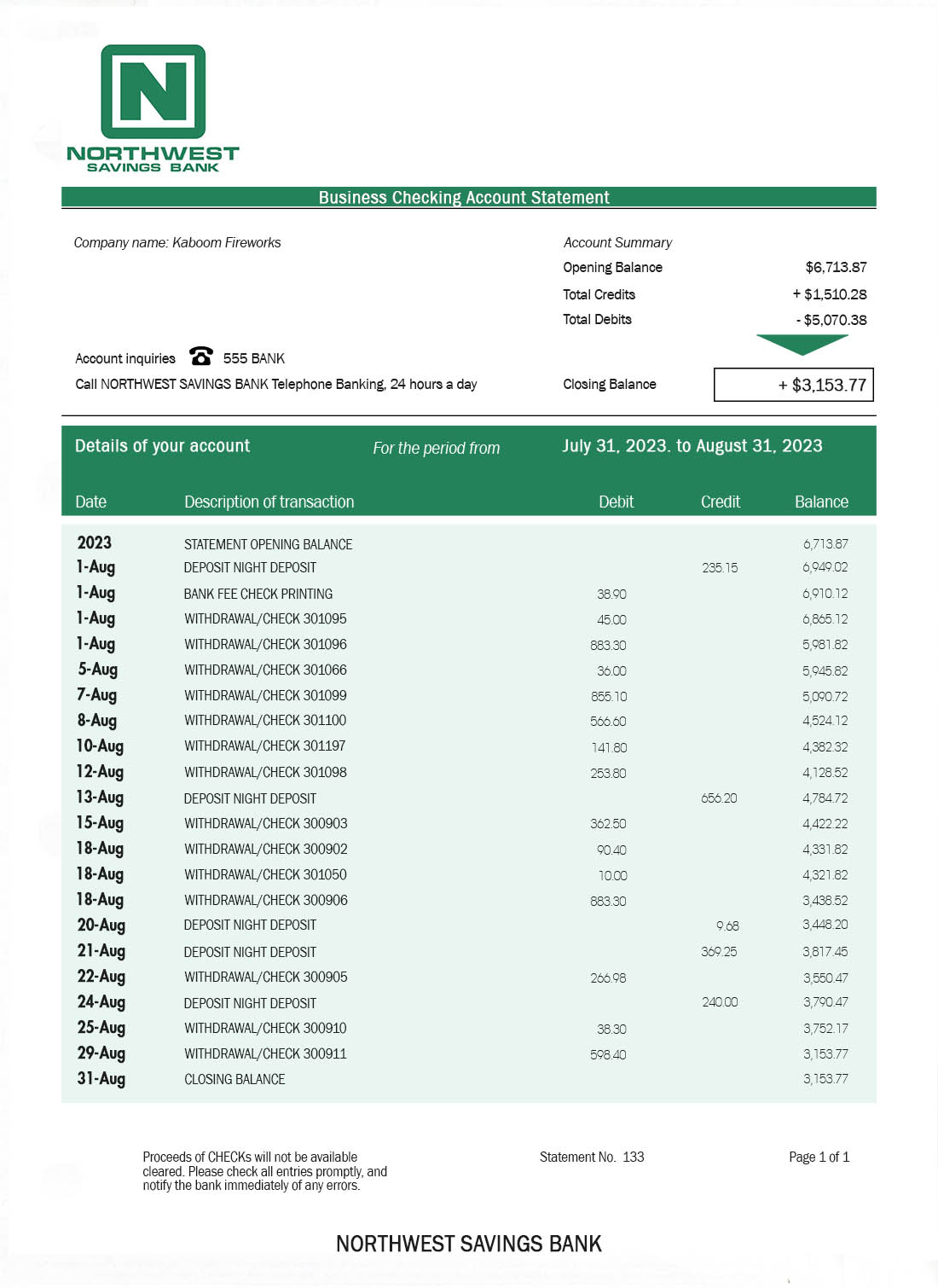 Relevé bancaire de la NORTHWEST Savings Bank